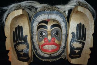 Orig $399 Northwest Coast Transformation Mask,  Cedar,  Hair 1900s 16 " Signed