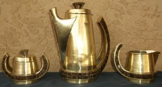 Salvador Teran Listed Mexican Artist Brass Tea Set Mid Century Taxco Modernist