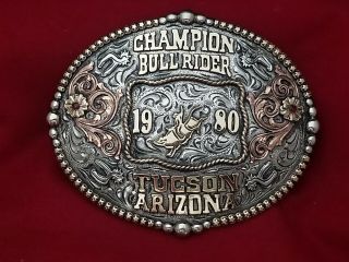 1980 Rodeo Trophy Belt Buckle Tucson Arizona Bull Riding Champion Vintage 296
