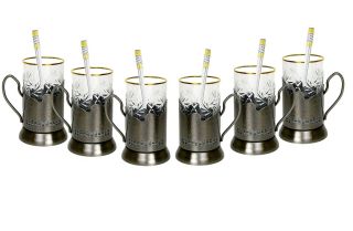 Set Of 6 Russian Tea Glass Holders Podstakannik,  24k Gold Trim Glasses & Spoons