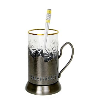 Set of 6 Russian Tea Glass Holders Podstakannik,  24K Gold Trim Glasses & Spoons 2