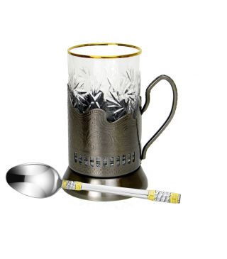 Set of 6 Russian Tea Glass Holders Podstakannik,  24K Gold Trim Glasses & Spoons 3