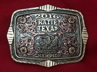 2016 Rodeo Trophy Belt Buckle Katie Texas Team Roping Champion Vintage 800
