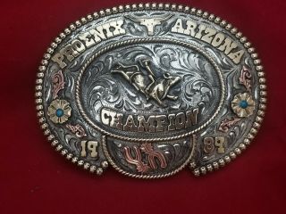 1989 Rodeo Trophy Belt Buckle Phoenix Arizona Bull Riding Champion Vintage 151