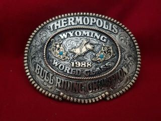 1988 Trophy Rodeo Belt Buckle Thermopolis Wyomi Bull Riding Champion Vintage 574