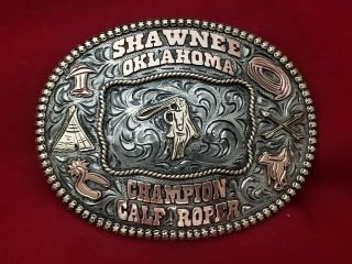 Rodeo Trophy Belt Buckle Shawnee Oklahoma Calf Roping Champion Vintage 777