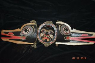 Orig $399 Northwest Coast Transformation Mask,  Cedar,  Hair 1900s 22 " Signed