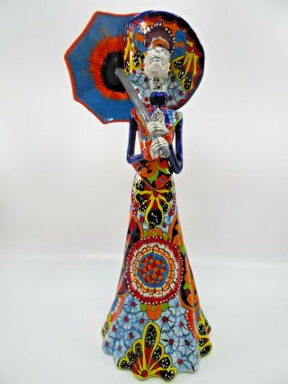 22 " Talavera Catrina With Umbrella,  Mexican Day Of The Dead Figure,  Folk Art