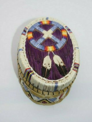 Anishinaabe First Nation Indian Quill Birch Basket Box Medicine Wheel Pangowish