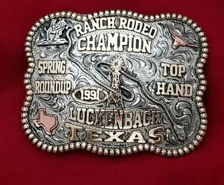 1991 Rodeo Trophy Belt Buckle Luckenbach Texas Calf Roping Champion Vintage 529