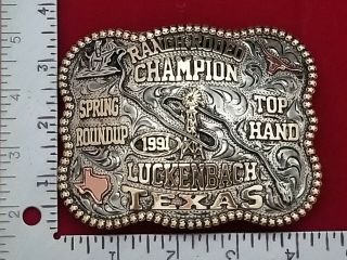 1991 RODEO TROPHY BELT BUCKLE LUCKENBACH TEXAS CALF ROPING CHAMPION VINTAGE 529 2