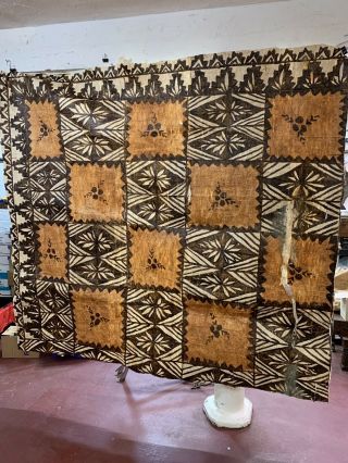 Large Polynesian Bark Cloth Tonga Pacific Island Tapa Painting 86x81 Ngatu Art