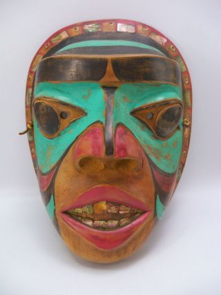 Pacific Northwest Coast Carved Cedar & Abalone Inlaid Painted Mask