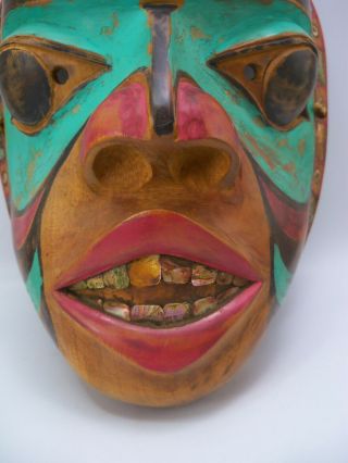 Pacific Northwest Coast Carved Cedar & Abalone Inlaid Painted Mask 3