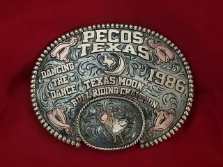 1986 Rodeo Trophy Belt Buckle Pecos Texas Bull Riding Champion Vintage 681