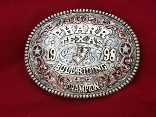 1998 Rodeo Trophy Belt Buckle Pharr Texas Bull Riding Champion Vintage 528