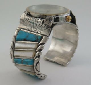 Navajo M Bahe Sterling Silver Raised Mosaic Inlay 124g Watch Cuff Bracelet