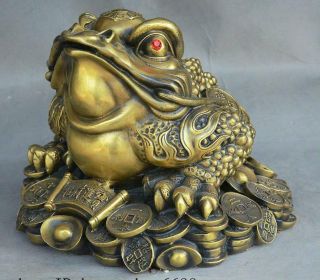 9 " China Fengshui Palace Bronze Wealth Golden Toad On Money Yuanbao Coin Statue
