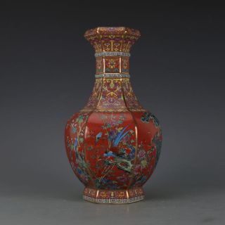 One Chinese Qing Famille - Rose Porcelain Hexagonal Flowers Birds Vase