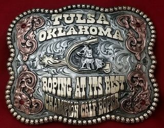 Trophy Rodeo Belt Buckle Vintage Tulsa Oklahoma Calf Roping Champion 71