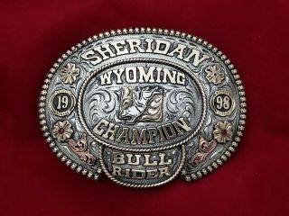 1998 Rodeo Trophy Belt Buckle Sheridan Wyoming Bull Riding Champion Vintage 278