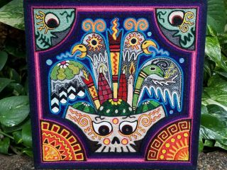 Pp1147 Incredible 12  X 12  Huichol Yarn Painting By Luis Castro.