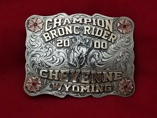 2000 Rodeo Trophy Belt Buckle Cheyenne Wyoming Champion Bronc Rider Vintage 603