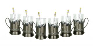 18 - Pc Set Russian Tea Glass Holders Podstakannik & Cut Crystal Glasses & Spoons