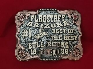 1998 Rodeo Trophy Belt Buckle Flagstaff Arizona Bull Riding Champion Vintage 390