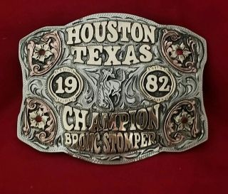 1982 Rodeo Trophy Belt Buckle Houston Texas Bronc Riding Champion Vintage 207