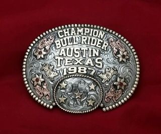 1987 Rodeo Trophy Belt Buckle Austin Texas Bull Riding Champion Vintage 143