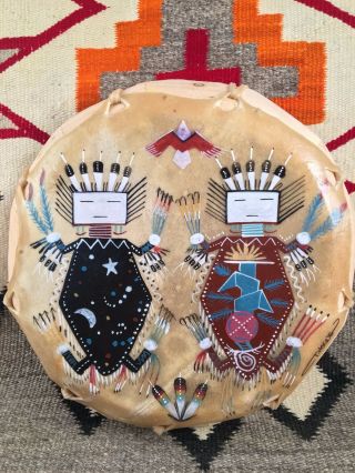 Father Sky And Mother Earth Hand Painted Drum.  Artist Tanya Hogue,  Navajo.