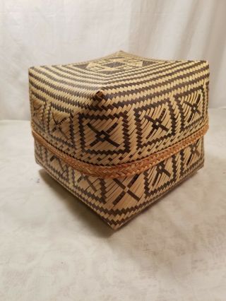 Native American River Cane Lidded Storage Basket By Eva Wolfe - Cherokee