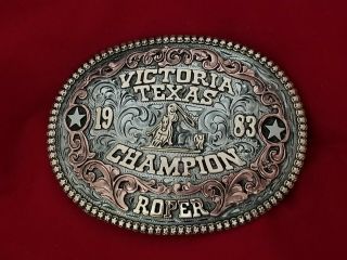 1983 Rodeo Trophy Belt Buckle Victoria Texas Calf Roping Champion Vintage 282