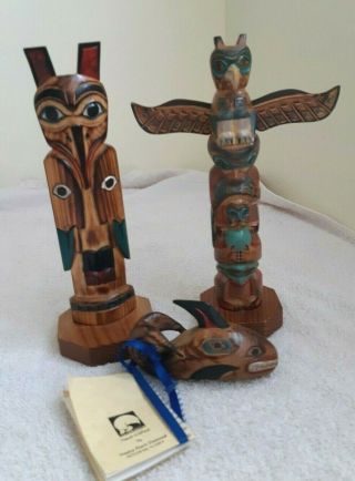 3 Nw Salish Tlingit Hand Carved Painted Transformation Totem Poles Signed 8 " - 9 "
