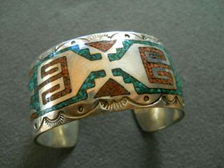 Native American Turquoise Coral Chip Inlay Sterling Silver Cuff Bracelet Lupe F