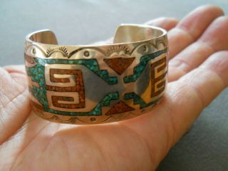 Native American Turquoise Coral Chip Inlay Sterling Silver Cuff Bracelet LUPE F 2