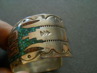 Native American Turquoise Coral Chip Inlay Sterling Silver Cuff Bracelet LUPE F 3
