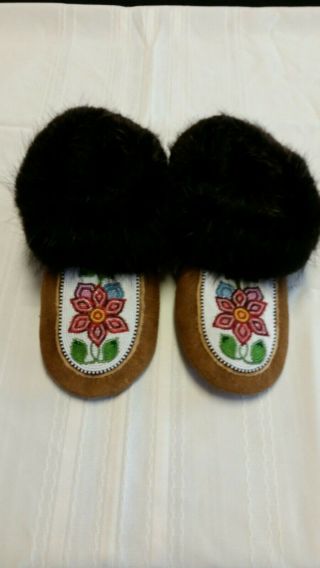 Dene Tribe Moose Hide And Beaver Fur Moccasins With Fully Beaded Vamps And Side