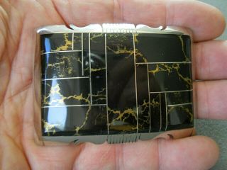 Native American Indian Black Marble Inlay Sterling Silver Belt Buckle Signed Sf