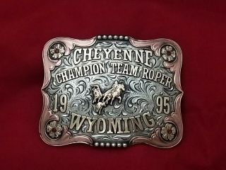 1995 Trophy Rodeo Belt Buckle Vintage Cheyenne Wyoming Team Roping Champion 40