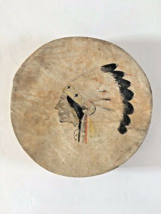 Hide Hand Held Drum With Painted Native American Portrait