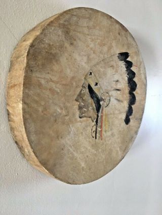 HIDE HAND HELD DRUM with PAINTED NATIVE AMERICAN PORTRAIT 2