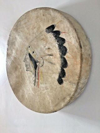 HIDE HAND HELD DRUM with PAINTED NATIVE AMERICAN PORTRAIT 3