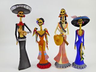 4 Catrina Set Mexican Folk Art Day Of The Dead Clay Figure 12 "