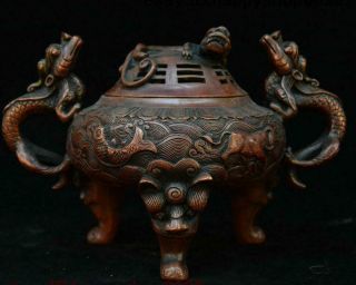7 " Old Chinese Palace Bronze Dragons Loong Beast Lion Head Incense Burner Censer