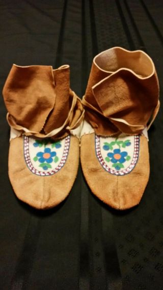 Dene Tribe Moose Hide Ankle - Wrap Moccasins With Quillwork And Embroidery