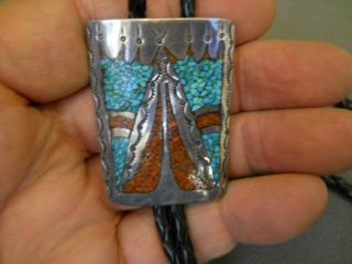 Old Native American Turquoise Coral Chip Inlay Sterling Silver Bolo Tie C - 31