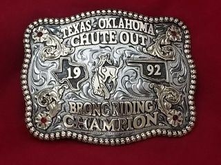 1992 Rodeo Trophy Belt Buckle Texas Oklahoma Bronc Stomping Champion Vintage 236