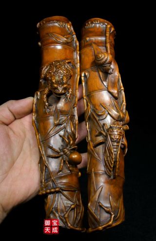 China Folk Boxwood Wood Carved Toad Cicade Snail Spider Statue Paperweight Pair